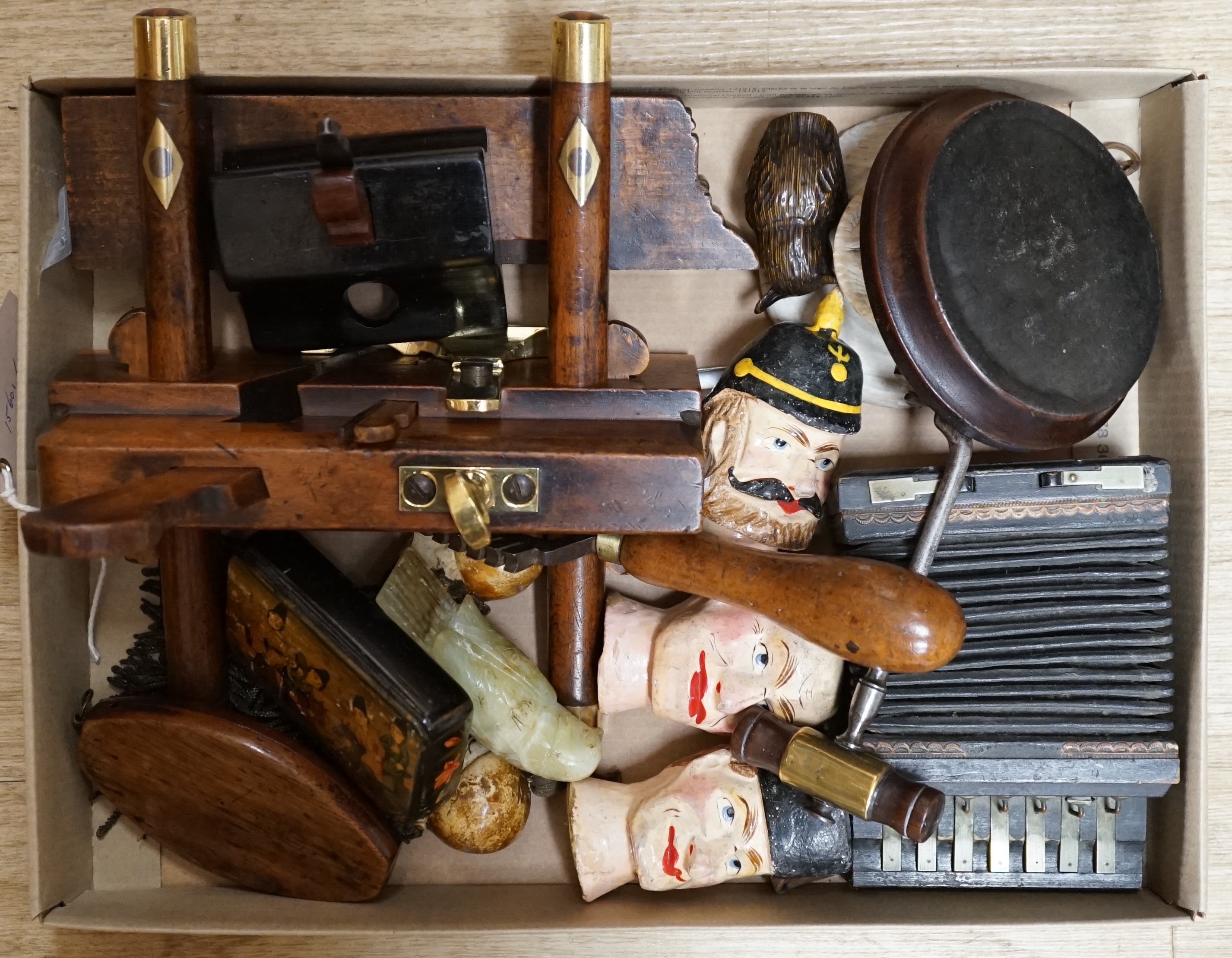 Mixed collectables to include a Fillister plough plane, a butter mould, a snuff box and carved novelties. Condition - varies, mostly fair